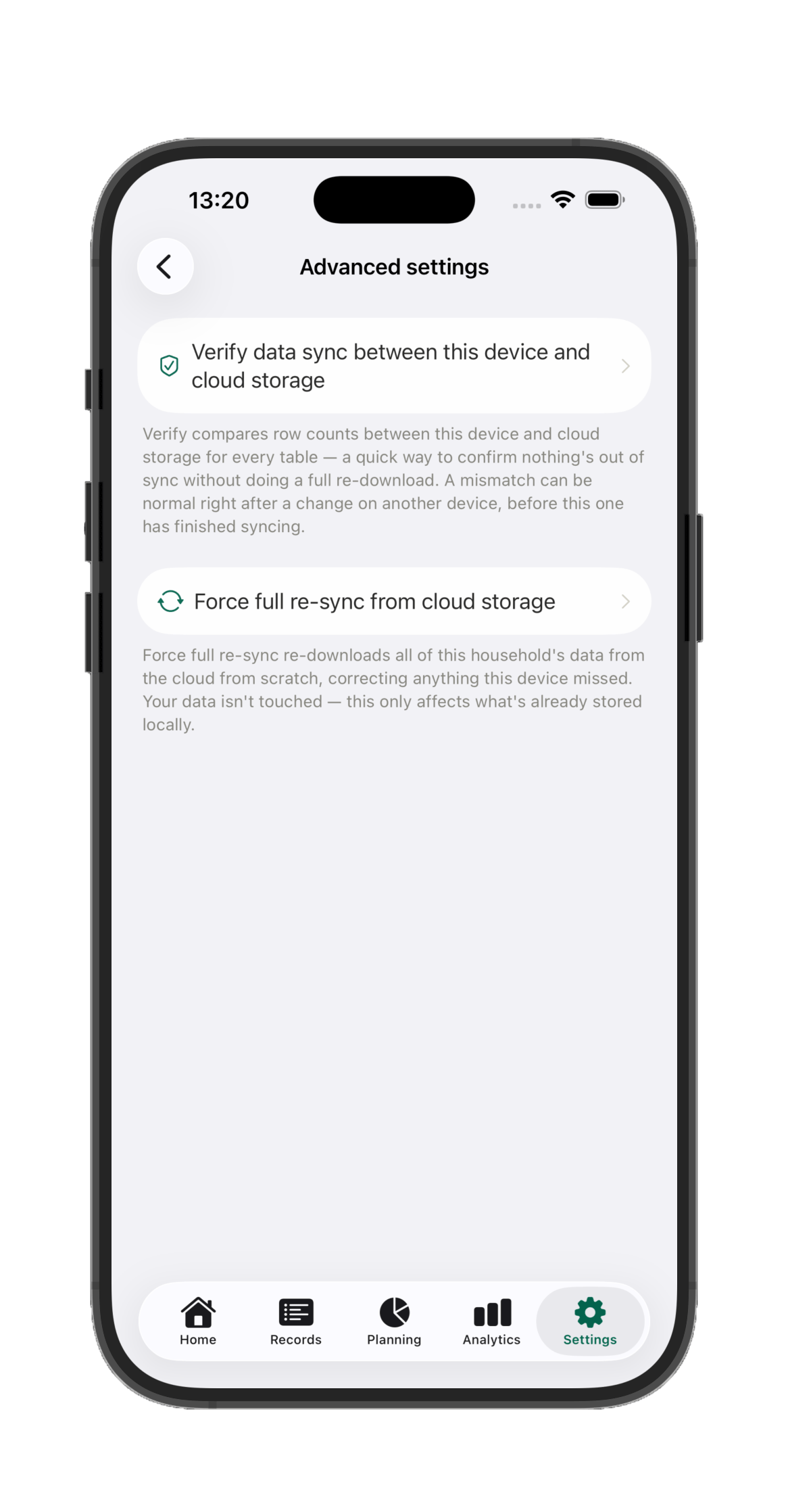Advanced settings, with Verify data sync and Force full re-sync