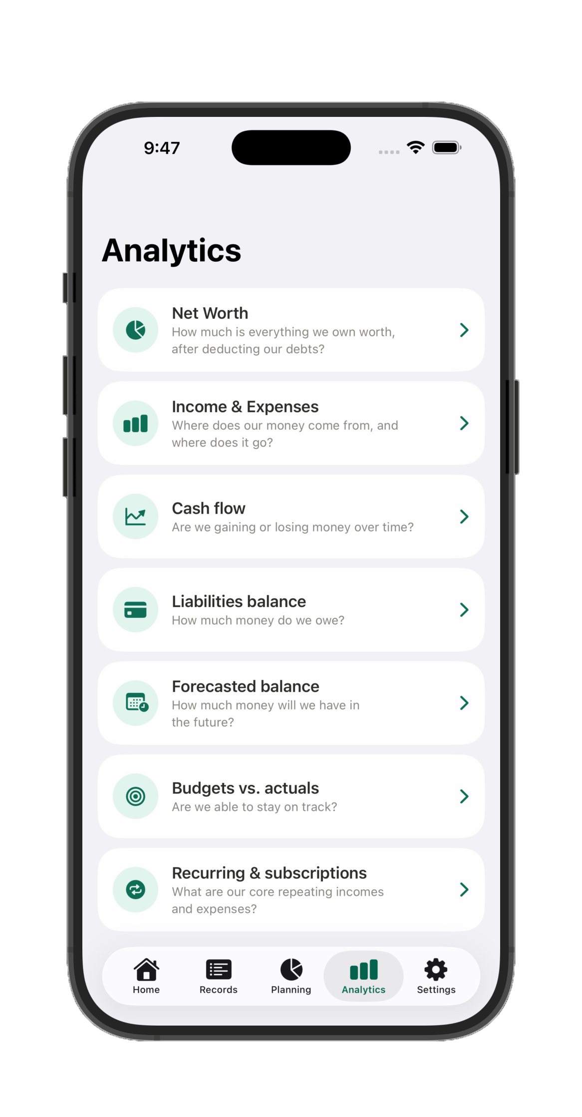 Analytics menu listing Net Worth, Income & Expenses, Cash flow, Liabilities balance, Forecasted balance, Budgets vs. actuals, and Recurring & subscriptions