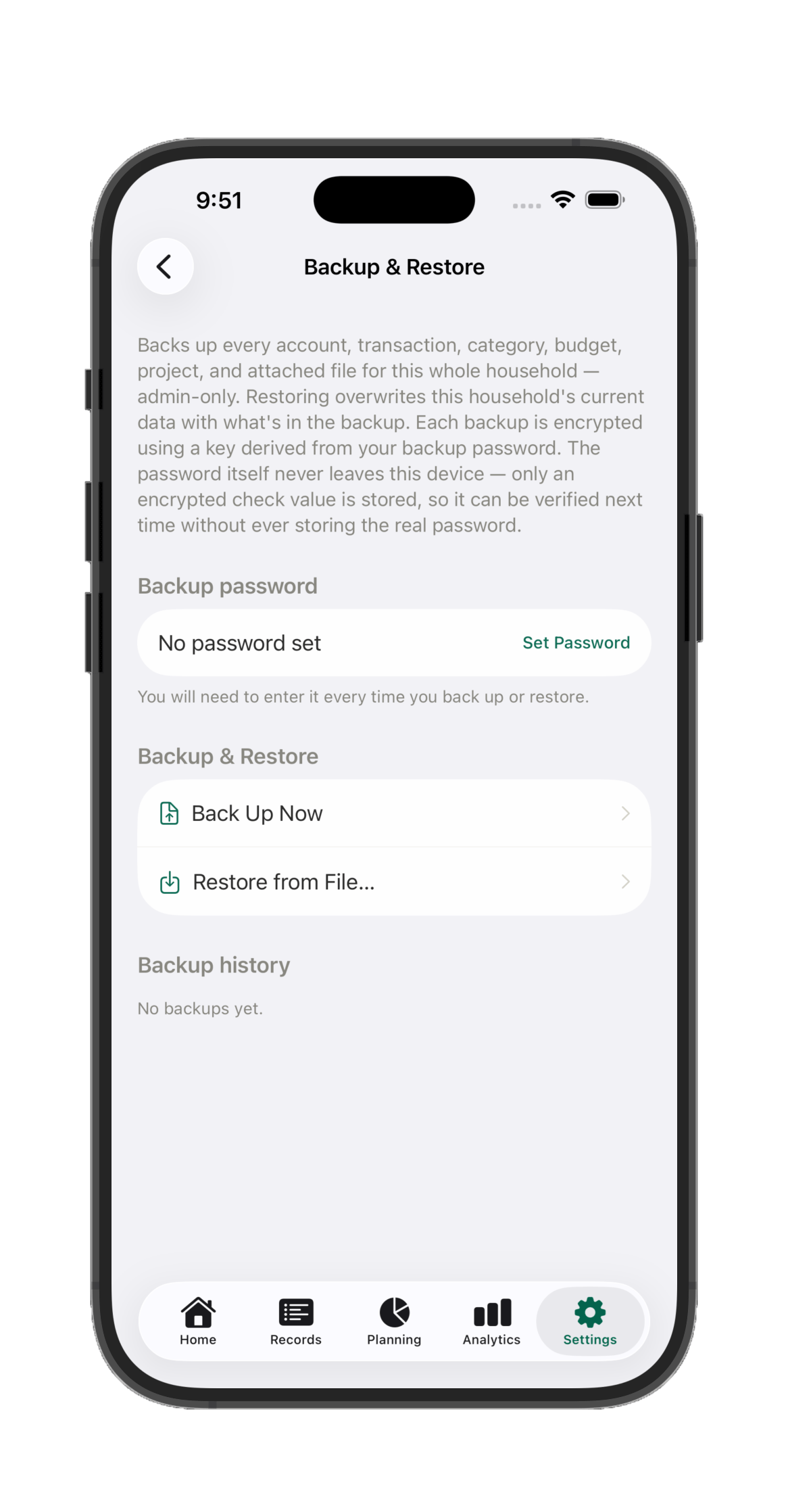 Backup & Restore screen, encrypted with a password only you know