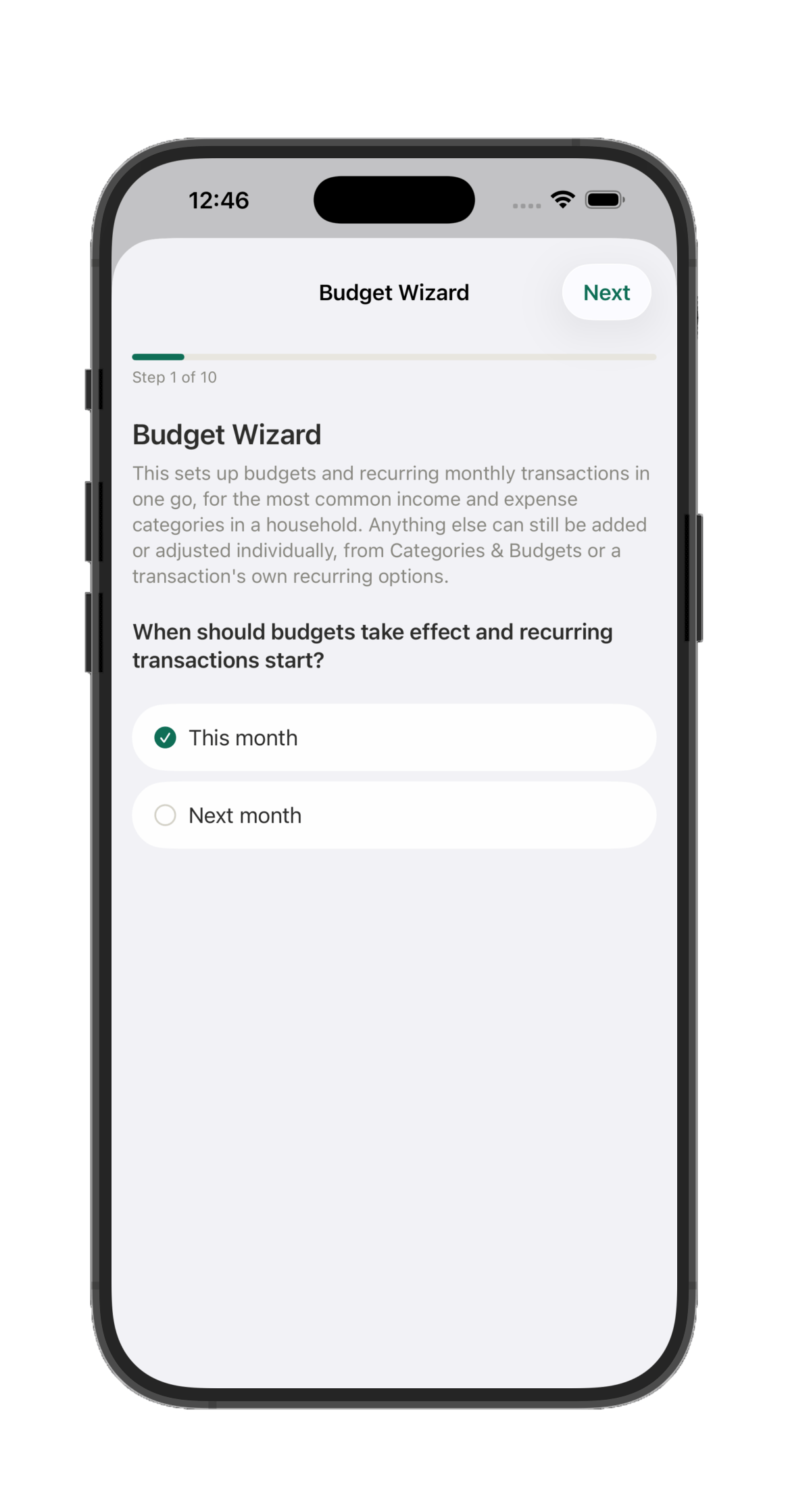 Budget Wizard first step, choosing whether budgets start this month or next month