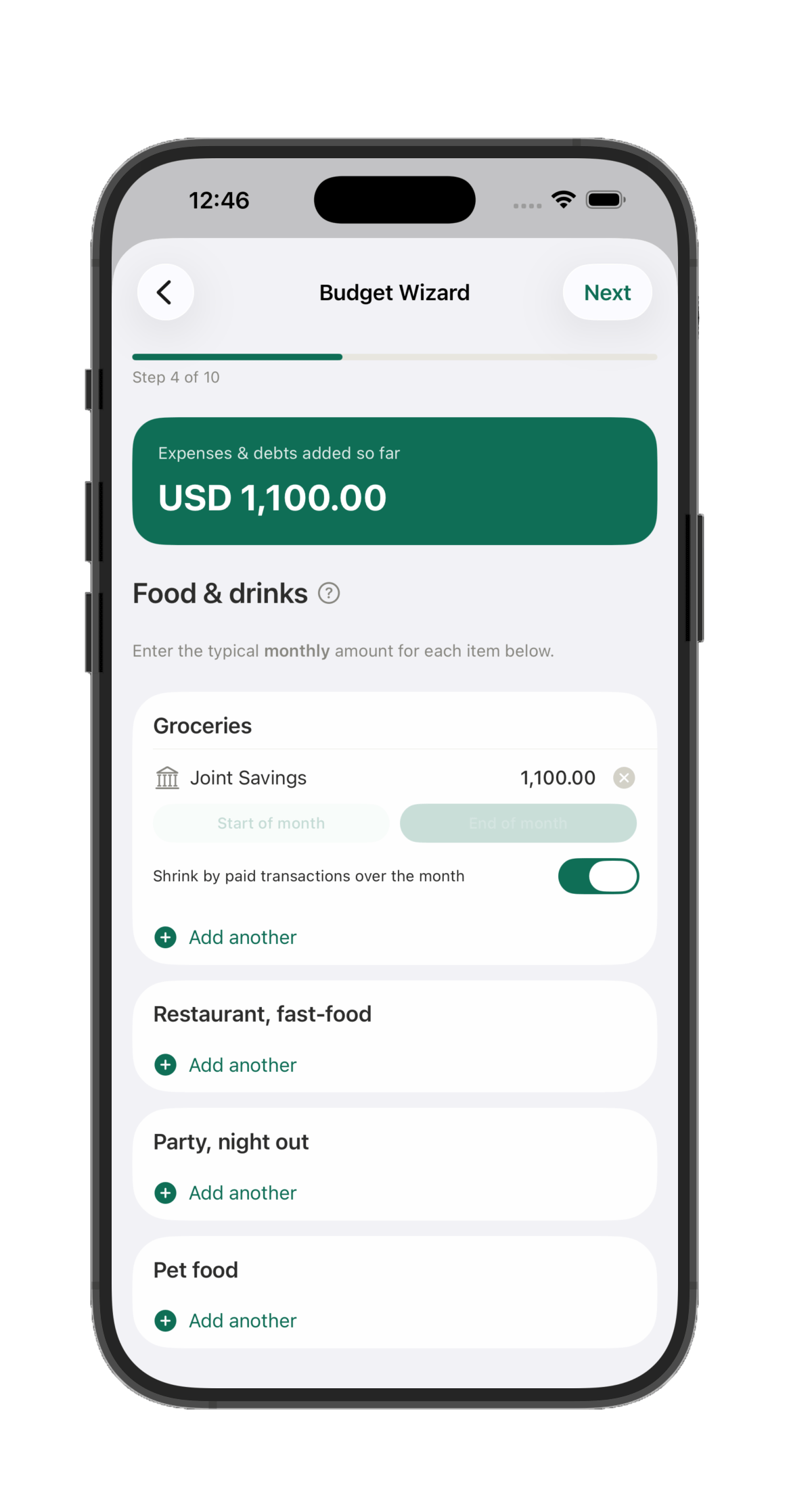 Budget Wizard Food and drinks step with a Groceries line set to shrink by paid transactions over the month