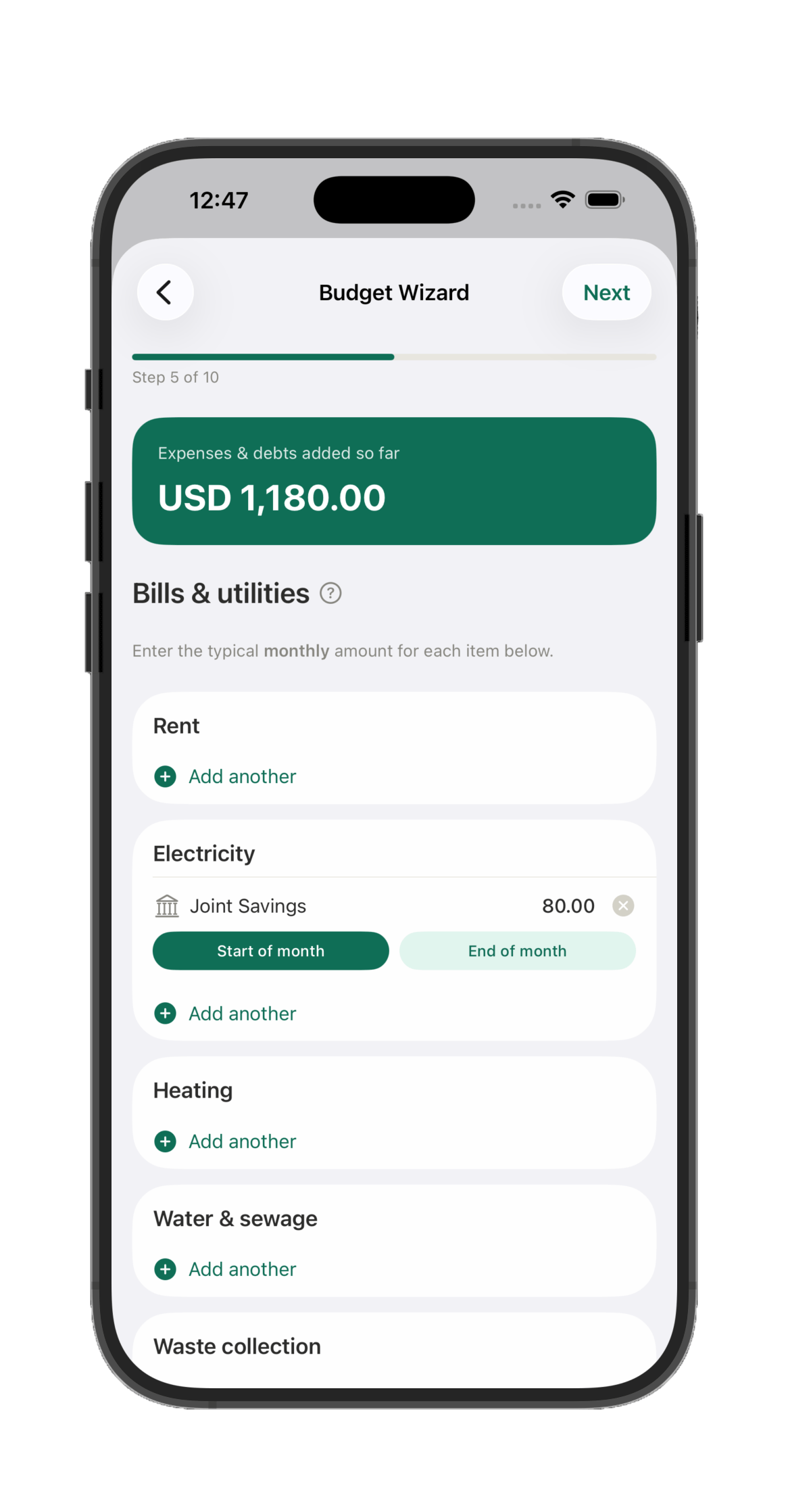 Budget Wizard Bills and utilities step with an Electricity line due at the start of the month
