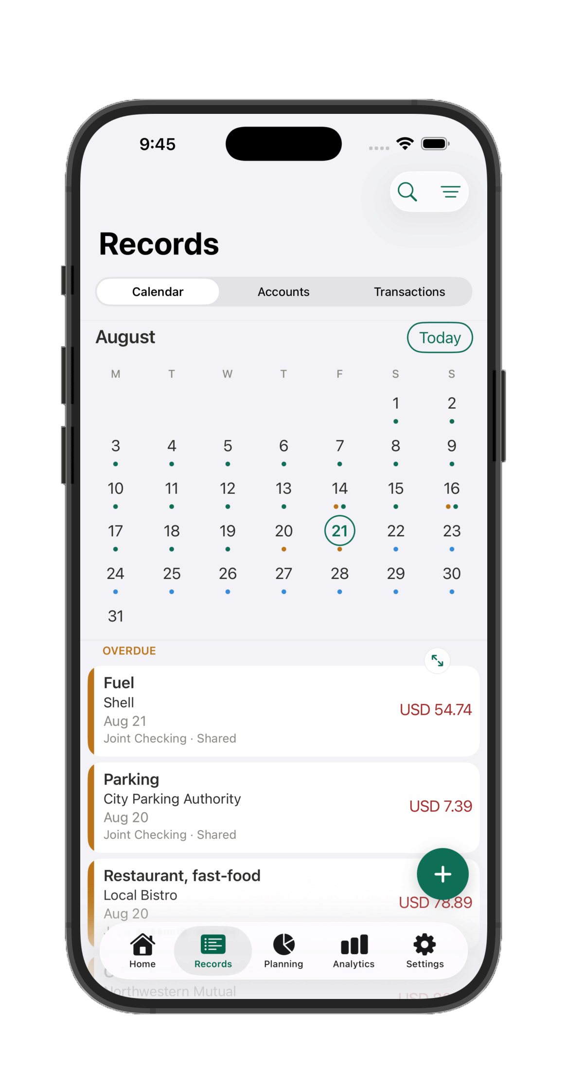 Calendar view showing overdue transactions grouped clearly