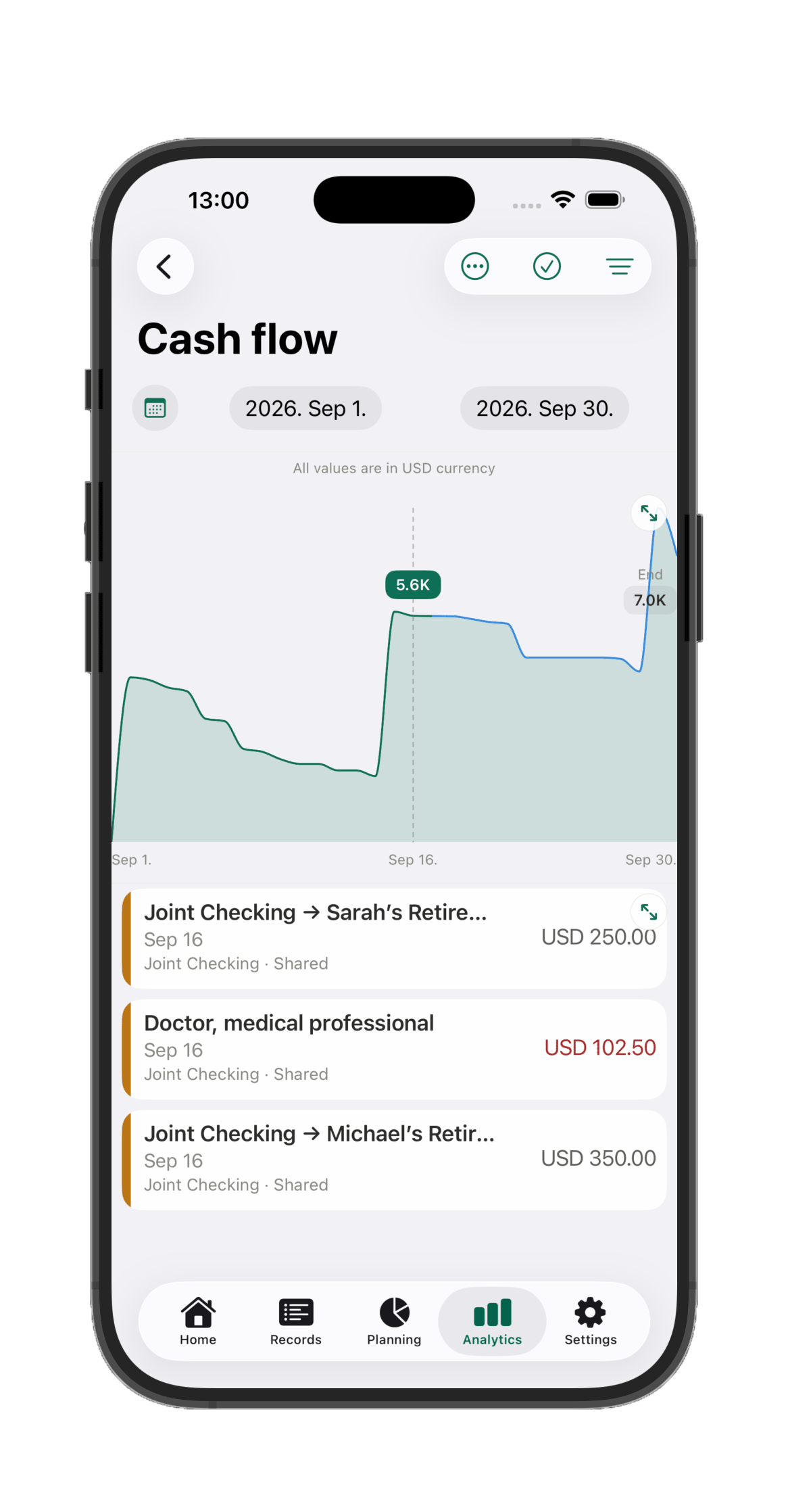 Cash flow chart with the transactions driving a specific day underneath