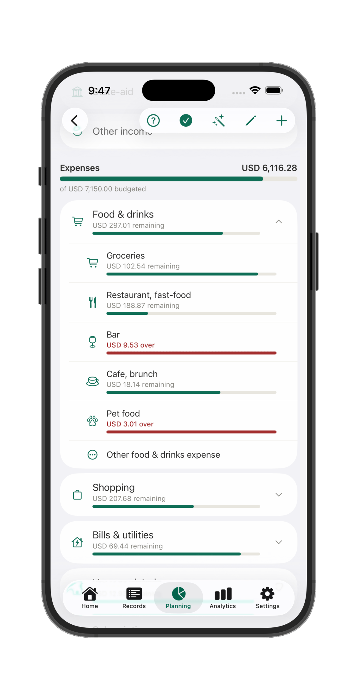 Category detail screen for Food & drinks with a monthly budget and subcategory breakdown