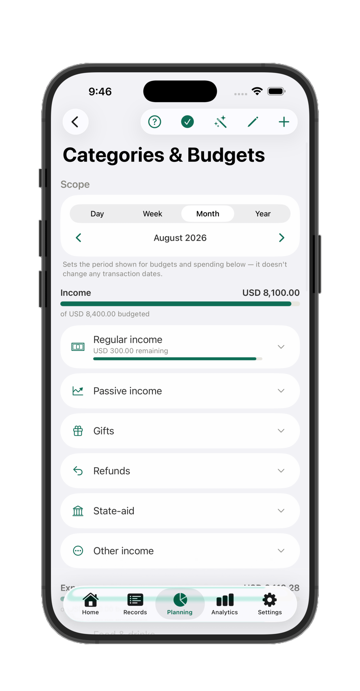 Categories & Budgets screen listing every category with its own budget progress bar