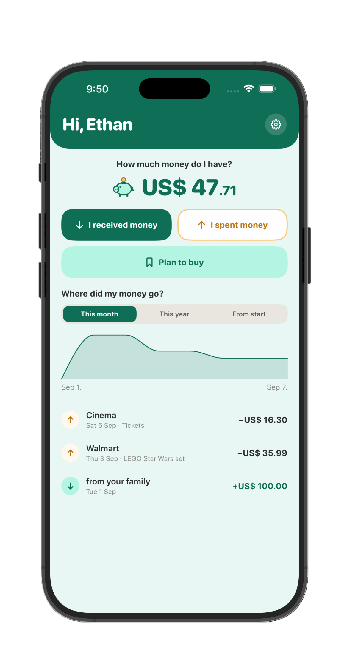 A child's home screen showing their balance, buttons to record money received or spent, and a spending history