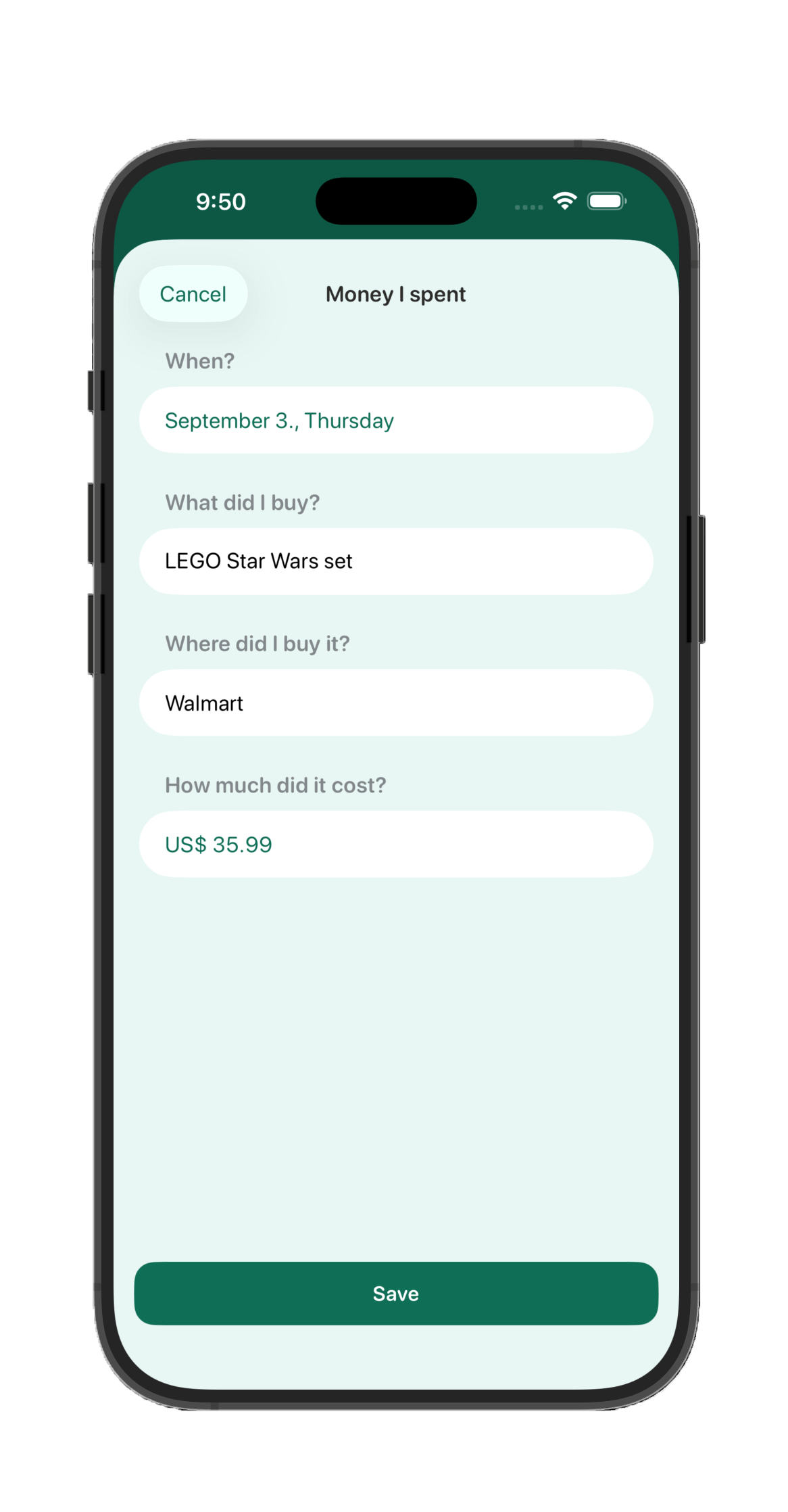 A child logging money they spent: when, what they bought, where, and how much