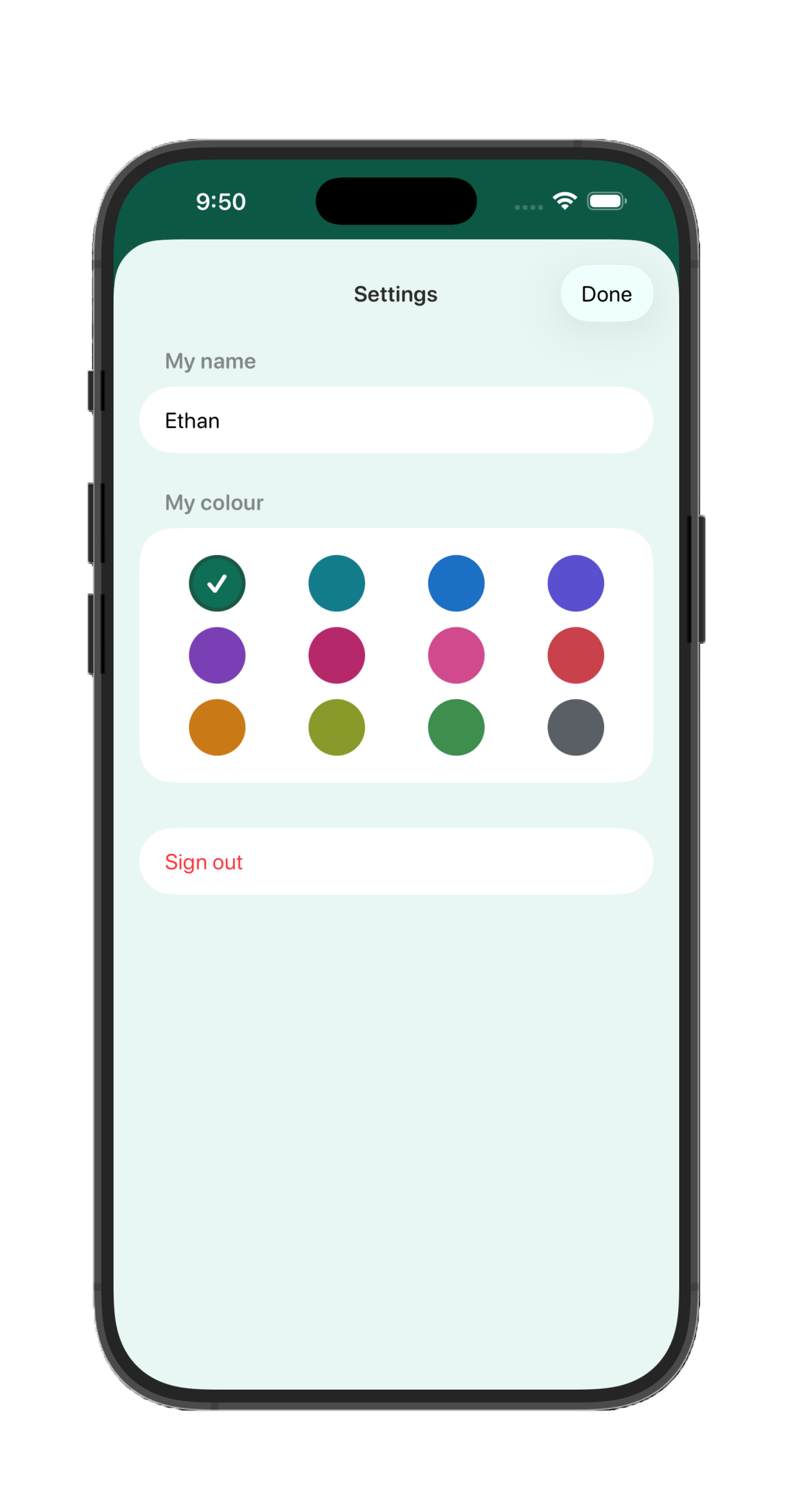 A child's settings screen with a name field and a grid of theme colours to choose from