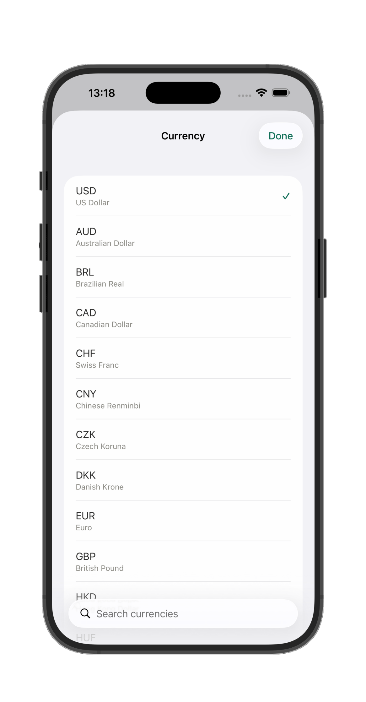 Currency picker, searching the full list of supported currencies