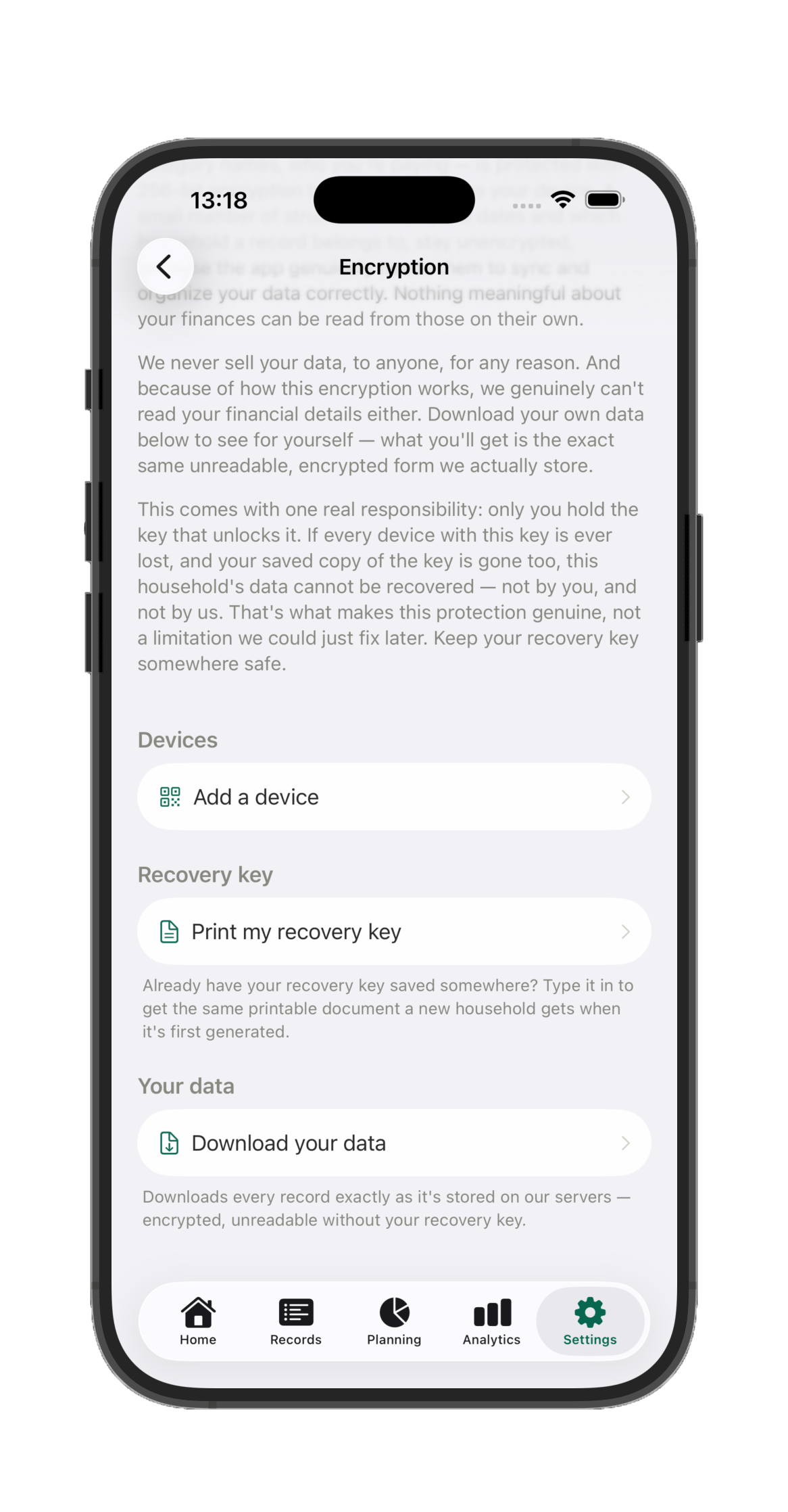 Encryption screen, with Add a device, Print my recovery key, and Download your data