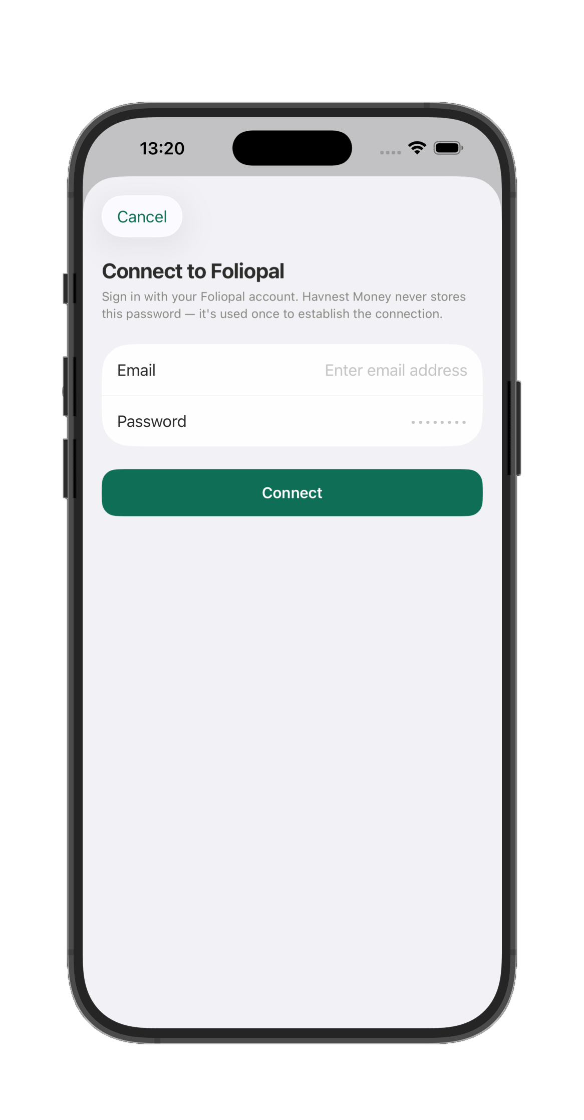 Connect to Foliopal screen, signing in with your Foliopal account