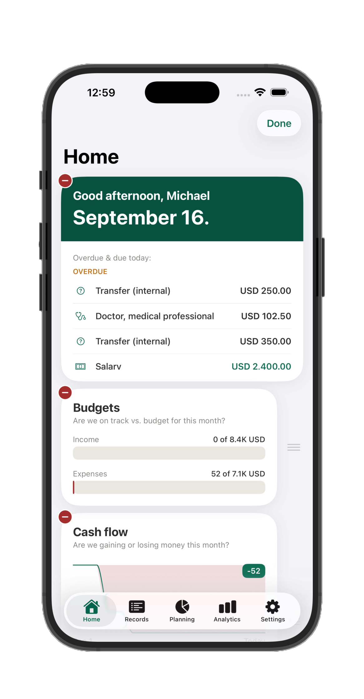 Home dashboard in edit mode, with drag handles and show/hide buttons for every card