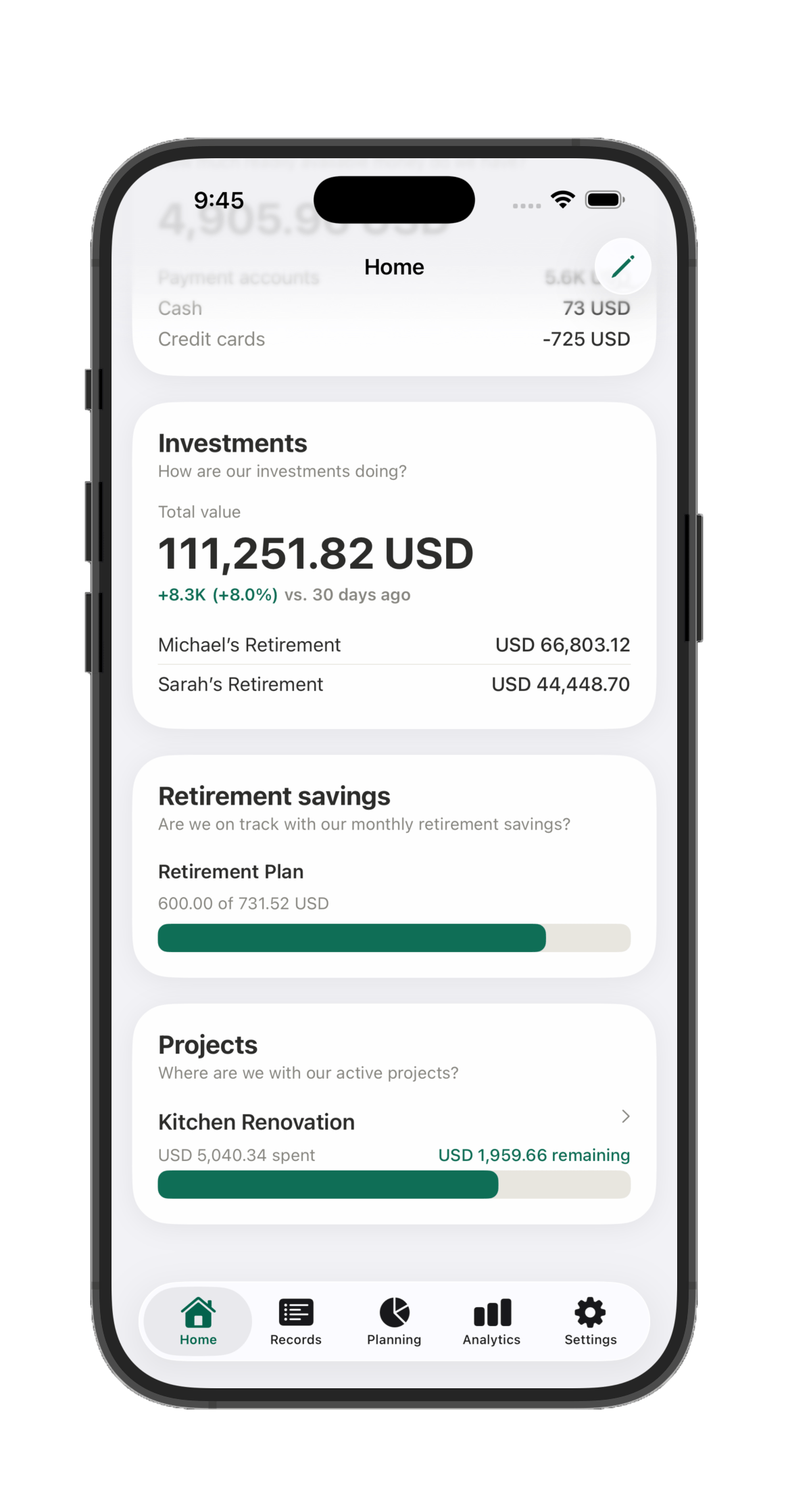 Investments card showing total portfolio value synced from Foliopal, plus retirement savings and project progress