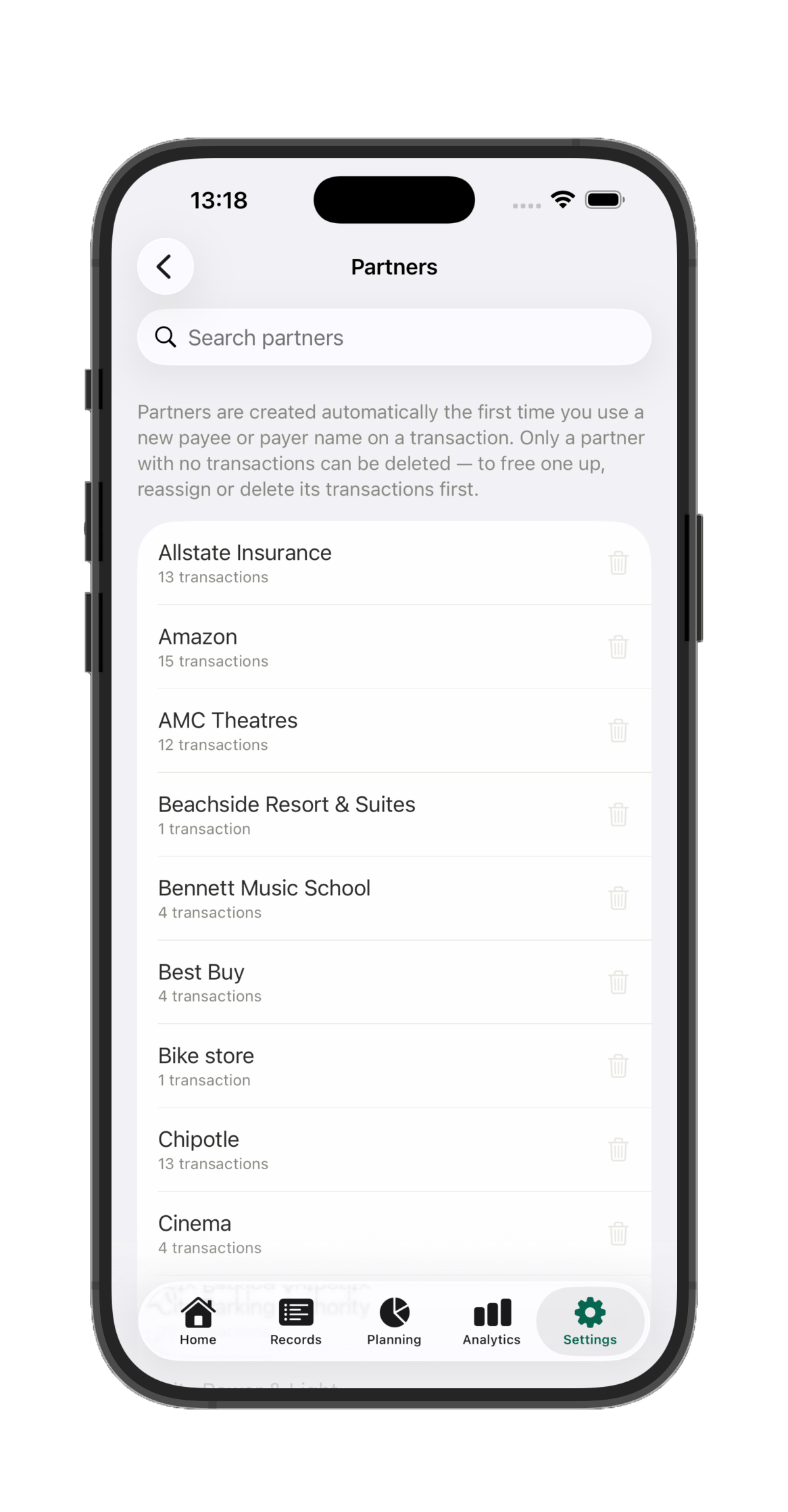 Partners list, remembered automatically from your transactions