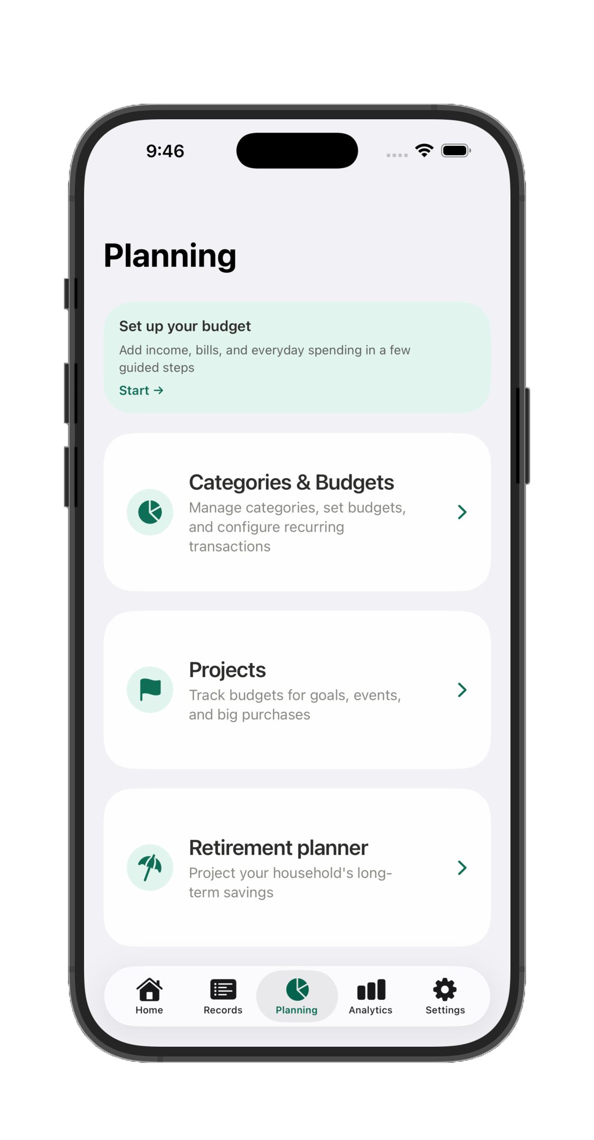 Planning tab menu with Categories & Budgets, Projects, and Retirement planner