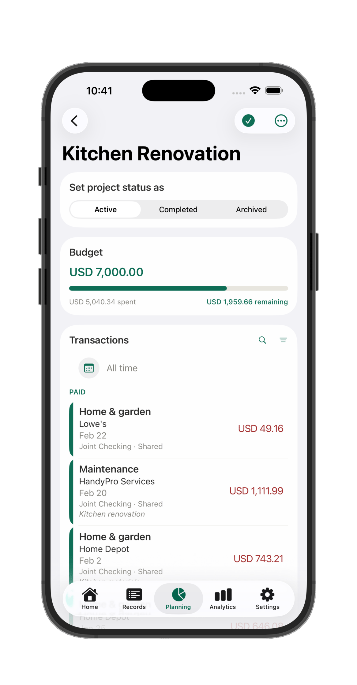Kitchen Renovation project detail screen with budget, amount spent, remaining, and every linked transaction