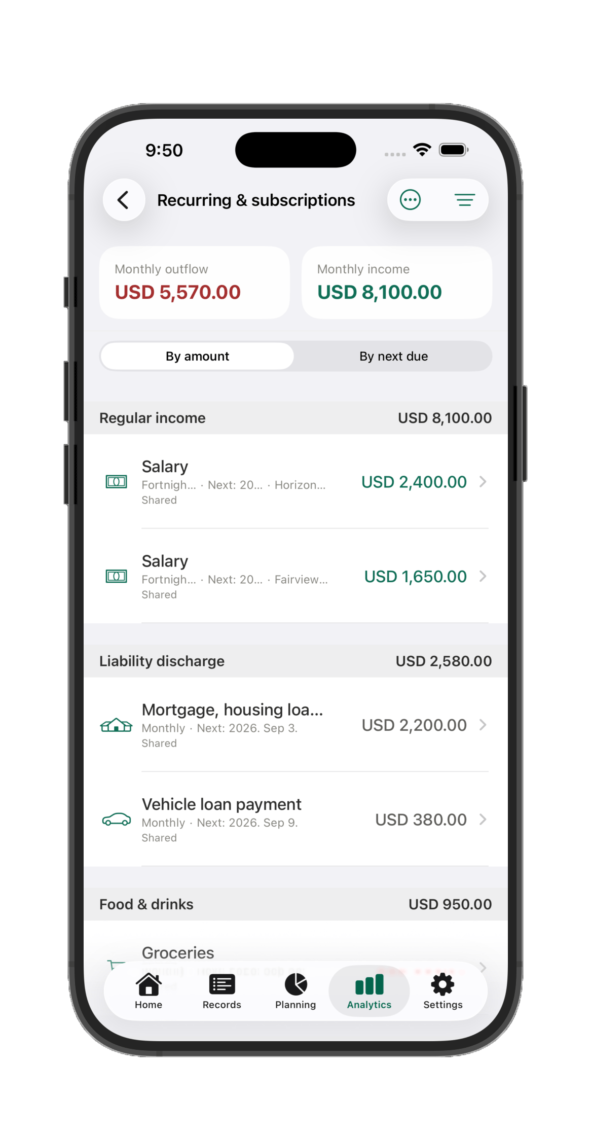 Recurring and subscriptions screen listing every regular income and bill