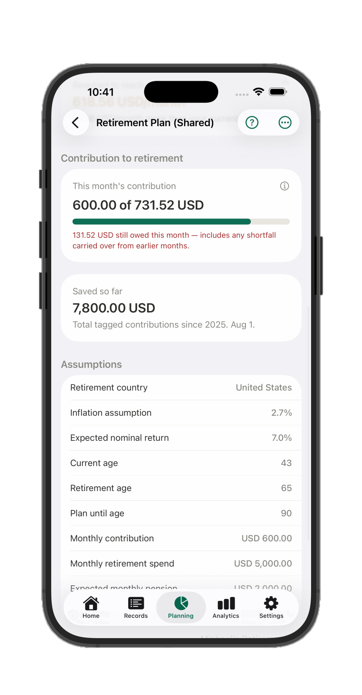 Retirement planner contribution tracking and assumptions, including return, inflation, and pension