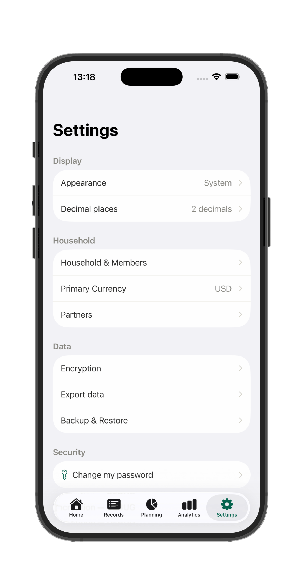 Settings screen, with Display, Household, Data, and Security groups