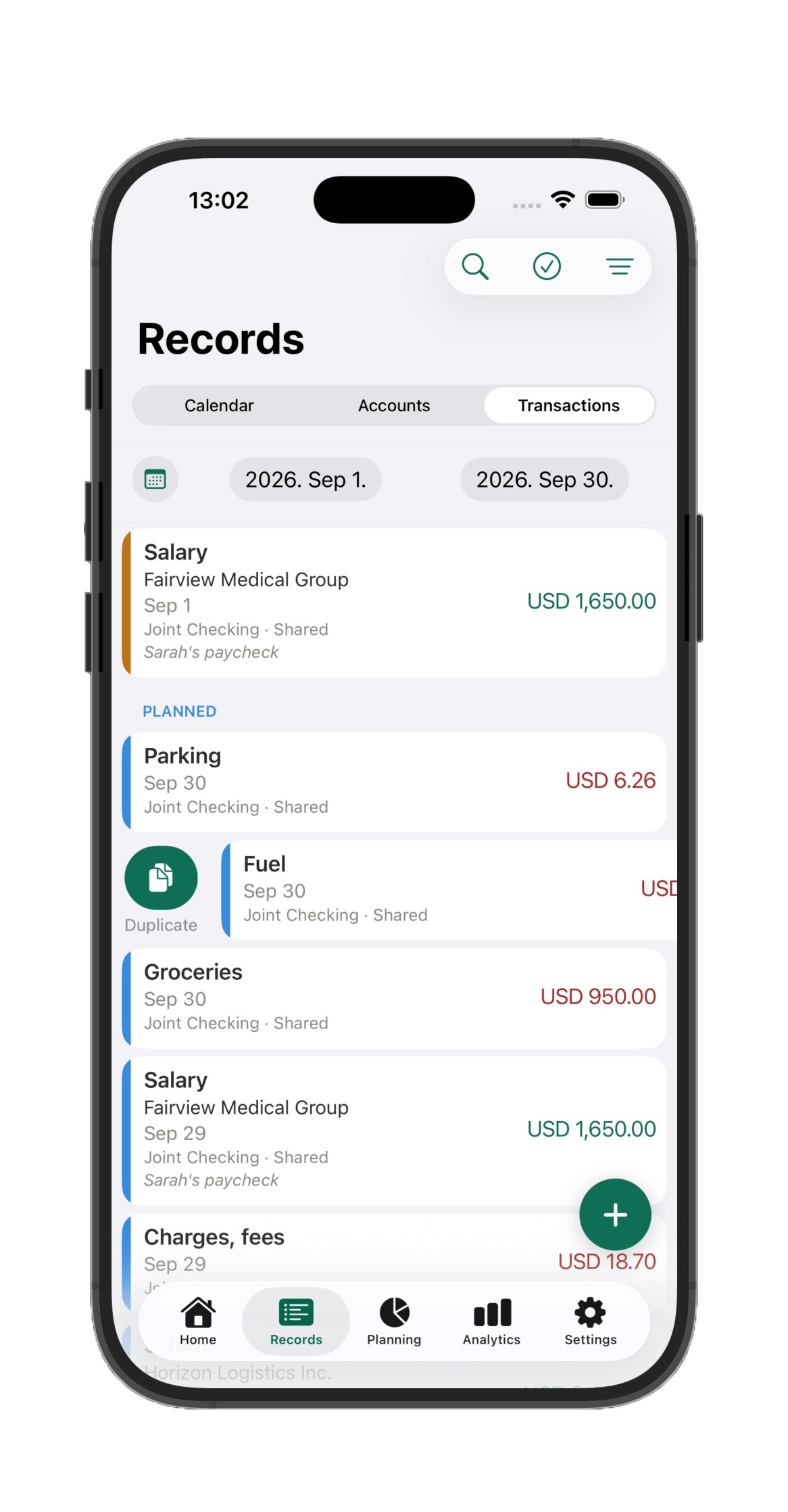 Transactions tab, with swipe-to-duplicate revealed on a row